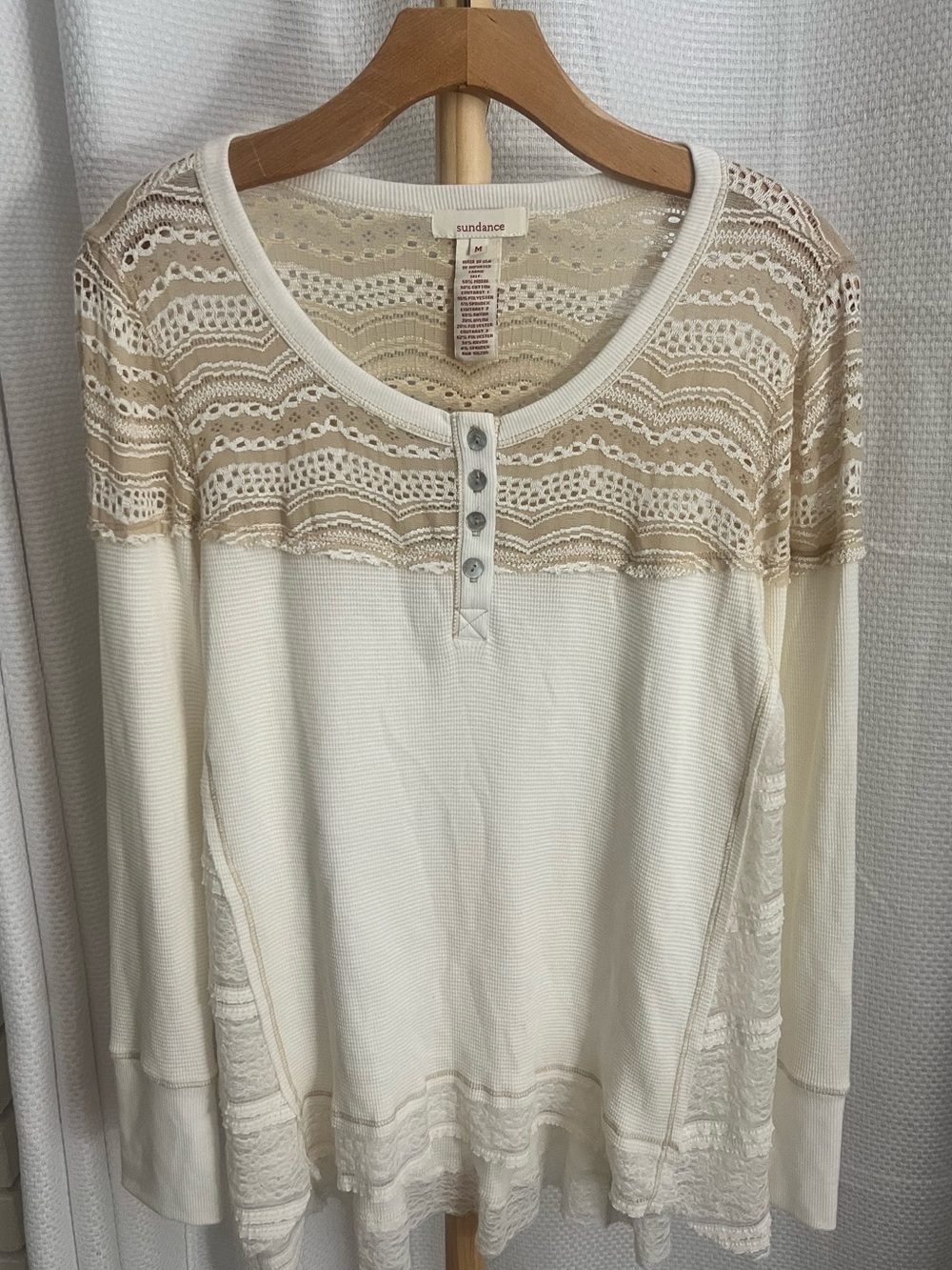 Sundance Cream and Beige Lace Long Sleeve Henley